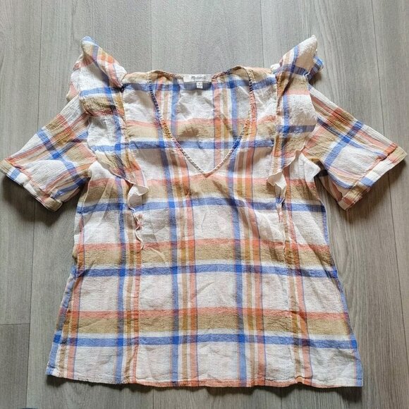 Madewell Women's V-Neck Shoulder-Ruffle Top in Plaid size XS - Picture 2 of 5